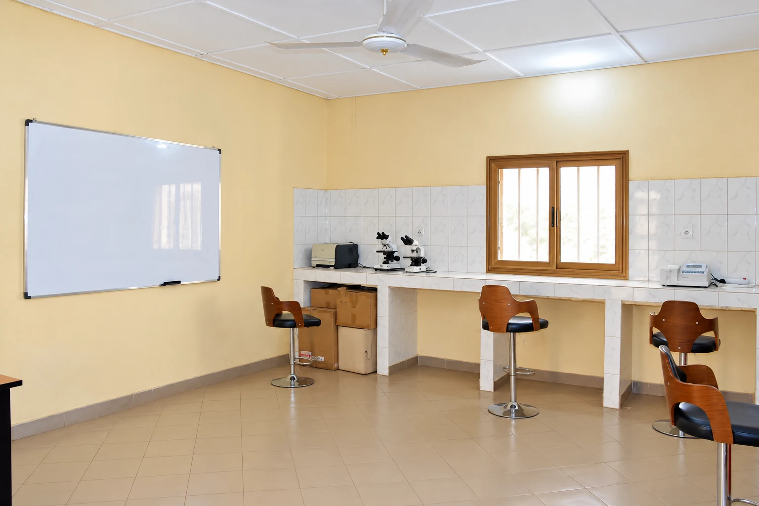 Salle de travaux pratiques de l’ESFé-Mali avec tableau et postes de laboratoire